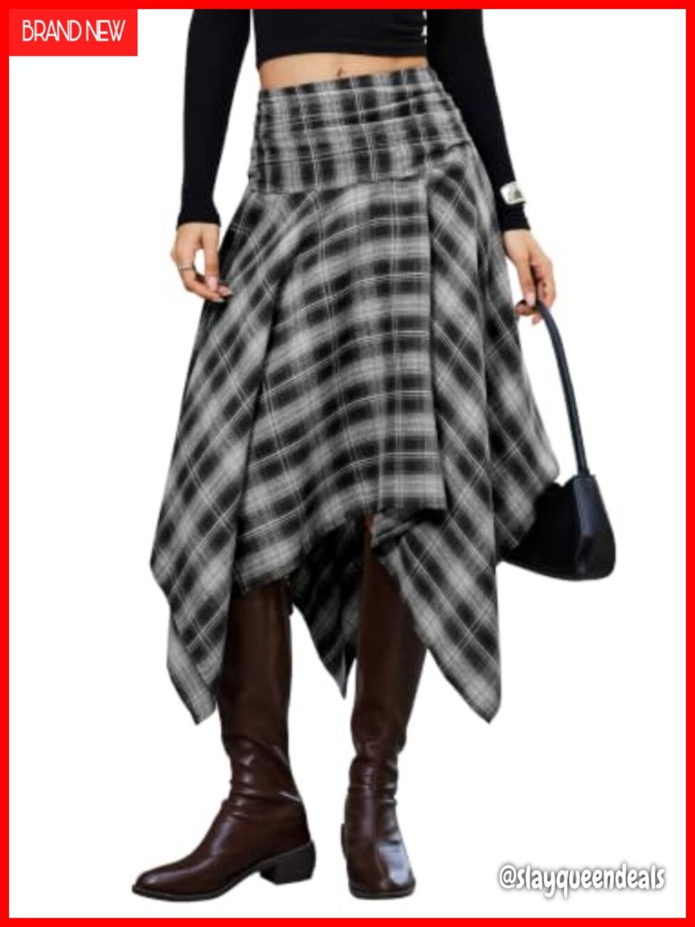 Plaid Handkerchief Hem Midi Skirt Asymmetrical High Waist Y2K